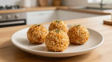 Leckere Reisbällchen im Airfryer, goldbraun und knusprig, perfekt als Snack.