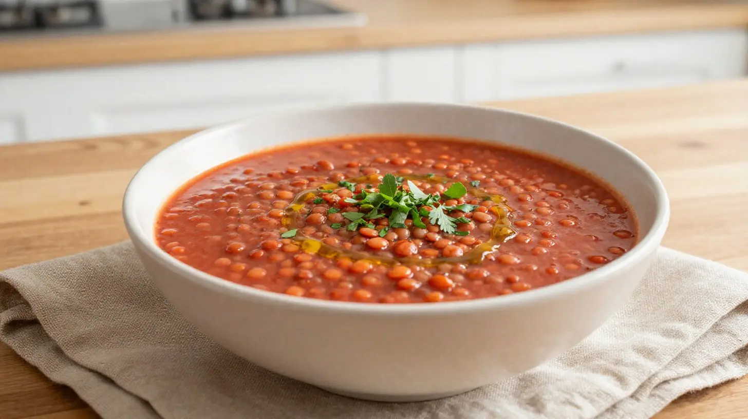 Leckere Rote-Linsen-Suppe, die im Airfryer zubereitet wurde und voller Geschmack steckt.