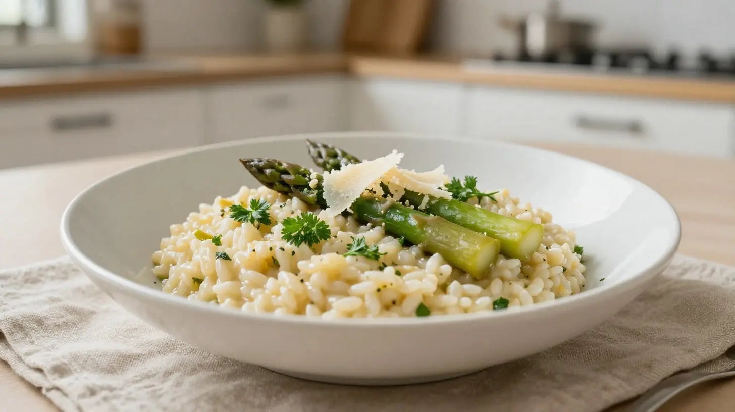 Leckeres Spargelrisotto aus dem Airfryer, perfekt für ein schnelles und gesundes Abendessen.