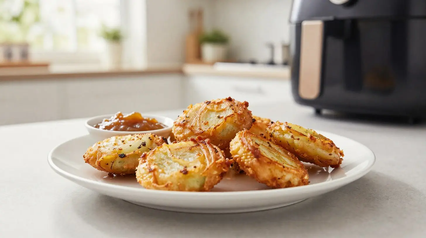 Knusprige Zwiebel-Bhaji aus der Heißluftfritteuse, ideal für Snacks oder Beilagen.