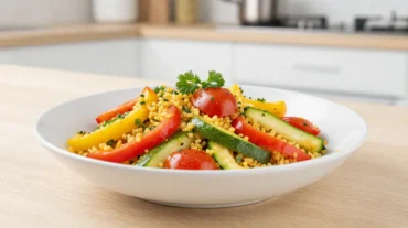 Bunte Bulgur-Gemüse-Pfanne aus der Heißluftfritteuse voller gesunder Zutaten.