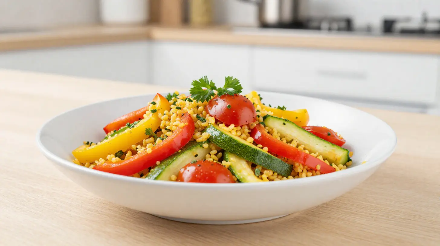 Bunte Bulgur-Gemüse-Pfanne aus der Heißluftfritteuse voller gesunder Zutaten.