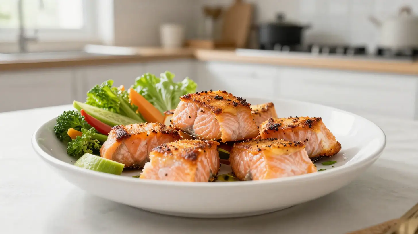 Leckere und knusprige Lachs-Bissen im Airfryer für ein gesundes Abendessen.