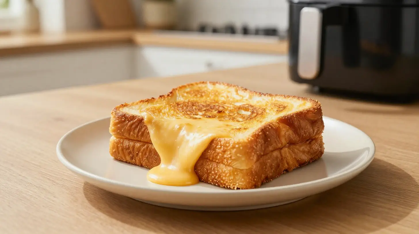 Leckeres Croque Monsieur im Airfryer mit perfektem Goldbraun und geschmolzenem Käse.