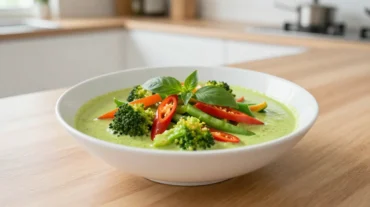 Leckeres grünes Thaicurry, zubereitet im Airfryer für ein gesundes und schnelles Abendessen.