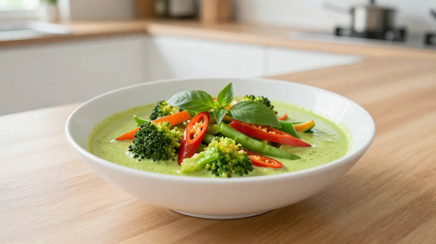 Leckeres grünes Thaicurry, zubereitet im Airfryer für ein gesundes und schnelles Abendessen.