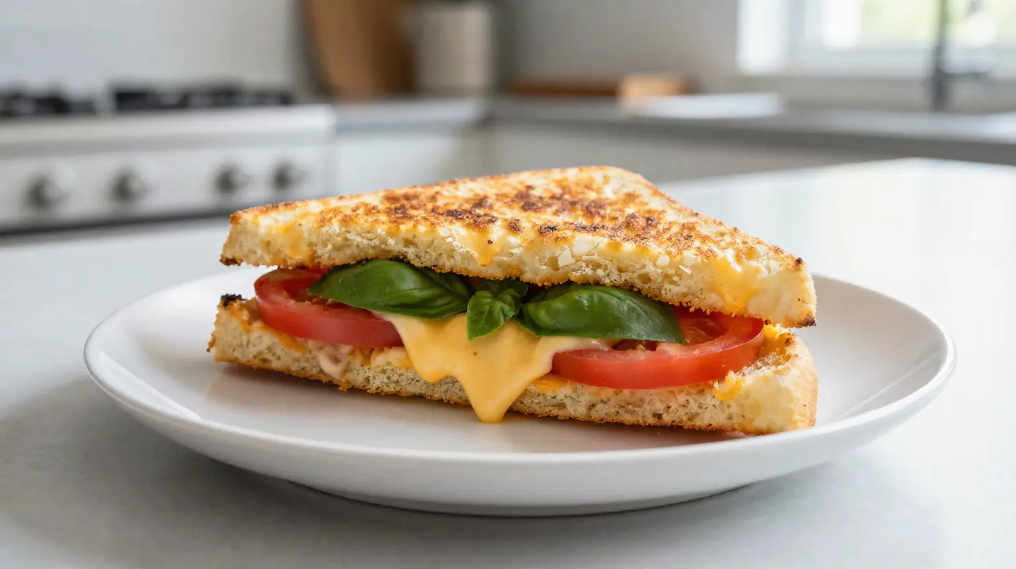 Leckeres Panini aus der Heißluftfritteuse mit goldbraunem Käse und frischem Gemüse.