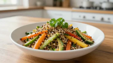 Leckere Quinoa-Pfanne im Airfryer mit buntem Gemüse und perfekt gewürztem Geschmack.
