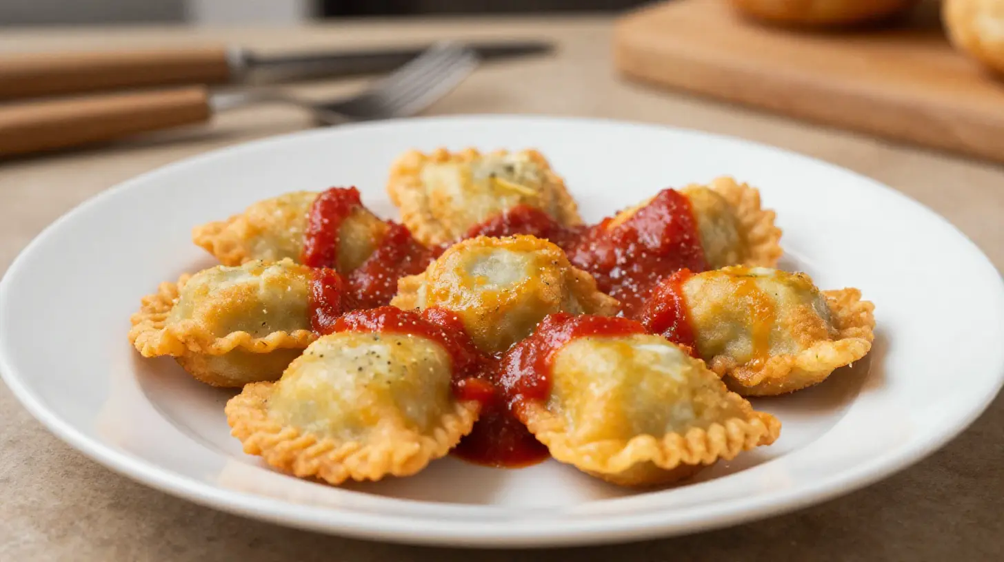 Köstliche Ravioli aus der Heißluftfritteuse mit frischer Tomatensoße, perfekt für ein schnelles Abendessen.