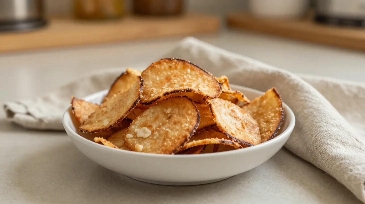Leckere Kokos-Chips, knusprig und gesund, zubereitet im Airfryer.